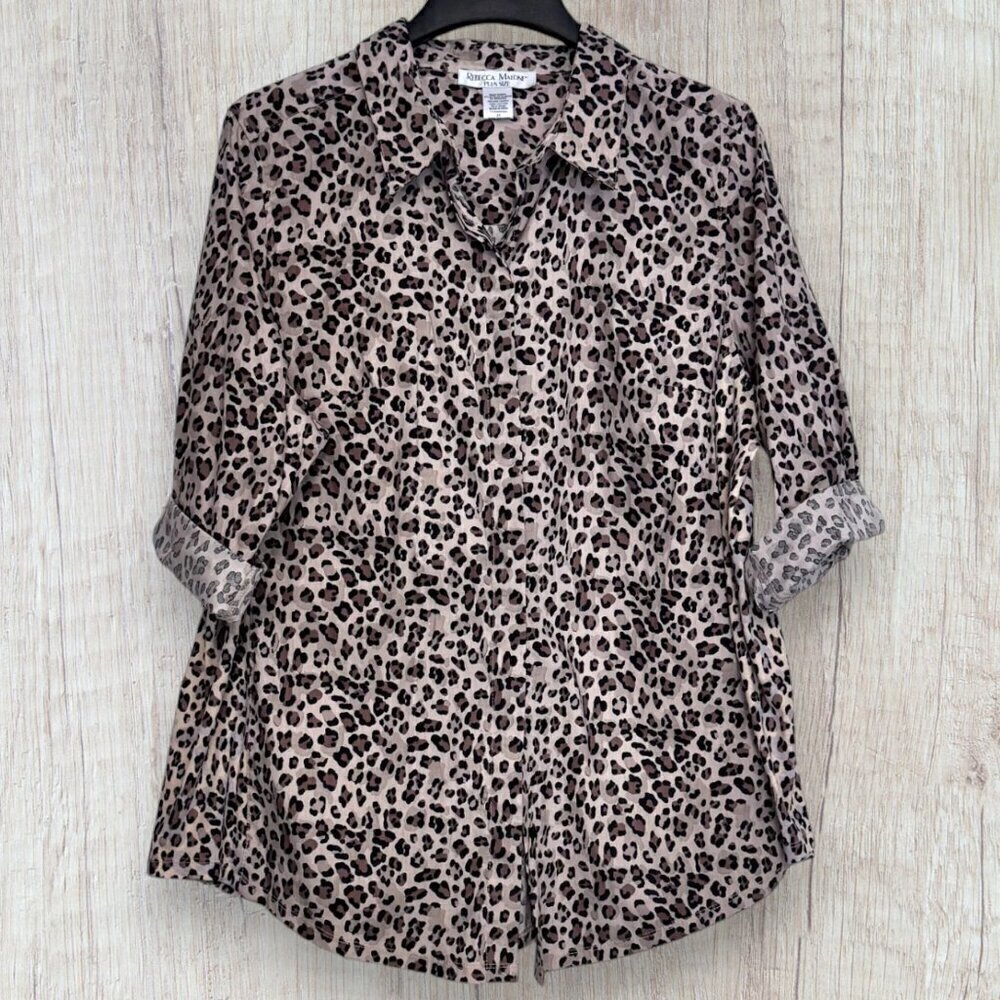 REBECCA MALONE Leopard Print Stretch Cotton Button Front Blouse Top Tunic 2X